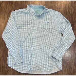 Huk Performance Fishing Tide Point Fish Plaid Blue LS Button Up Shirt Sz L